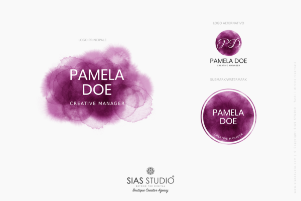 Design 2 - Tris di loghi Pamela Doe Design con acquarello viola