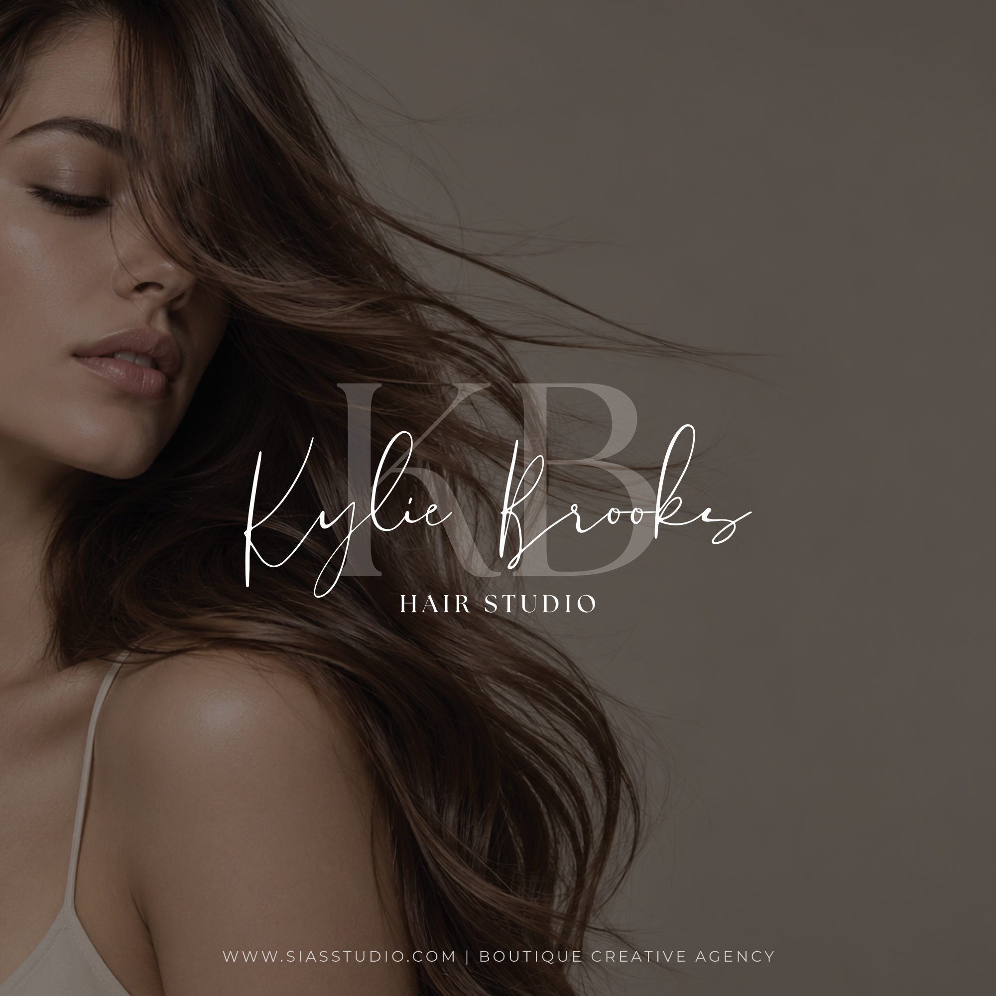 Kylie Brooks Semi-Custom Hair Salon Logo displayed over a photograph of a woman with long hair